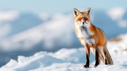 Obraz premium Wild red fox standing in snowy landscape with blurred mountain background, showcasing its natural habitat and vibrant fur.