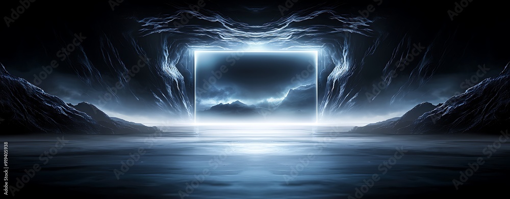 Wall mural symmetrical holographic shapes with organic elements, futuristic and ethereal, reflecting light in a