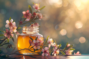 Jar of Honey with Blossoms in Golden Light
