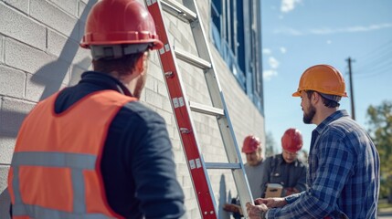 Generate a photo realistic image of workers receiving training on ladder safety, with ladder safety techniques, ladder inspection checklist, and ladder safety demonstration visible;
