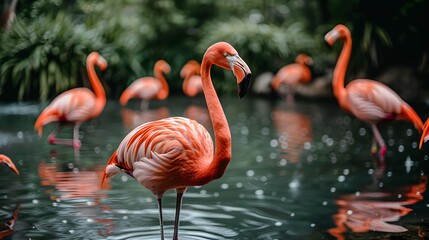 Fototapeta premium Flamingo Group: Colorful Wildlife in a Tropical Vacation Setting