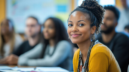social skills workshops,  A diverse group of adults participating in a social skills workshop, seated in a bright classroom. They engage in role-playing exercises with supportive