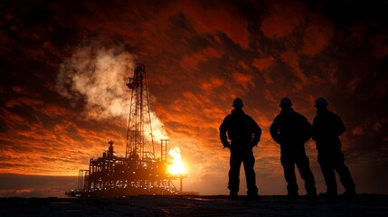 Naklejka premium Silhouetted Oil Workers at Sunset on Offshore Platform