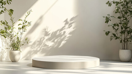 Stylize product placement backdrop,  A blank mockup podium with neutral colors, set against a minimalist backdrop featuring soft shadows and gentle lighting, ideal for presentations