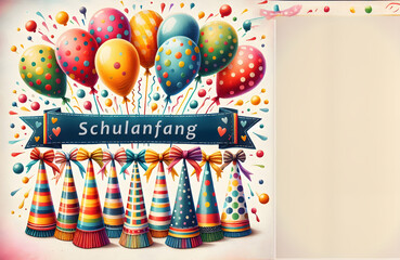 Schulanfang, Schule hat begonnen, bunte Tüten und Ballons zum Start in die Schule