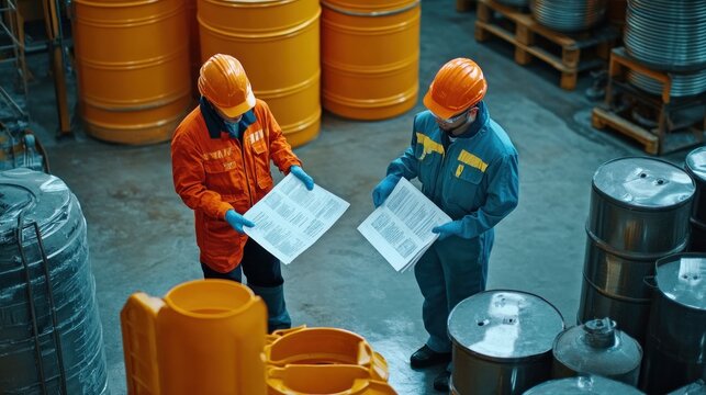 Generate a photo realistic image of workers reviewing Safety Data Sheets (SDS) for hazardous chemicals, with SDS documents, chemical containers, and hazard communication visible;