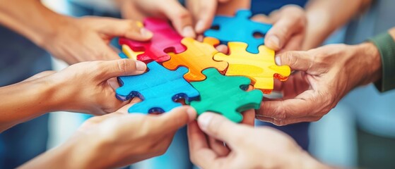 Hands holding colorful puzzle pieces. Concept of teamwork, collaboration, and unity, symbolizing human connection and togetherness.