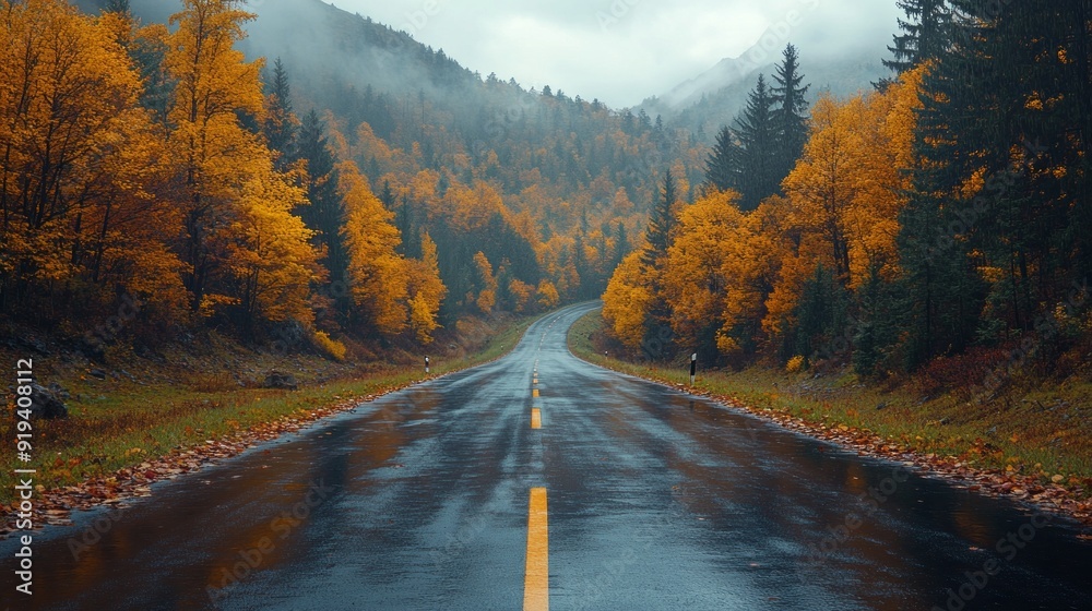Poster a road with trees on both sides and a yellow line