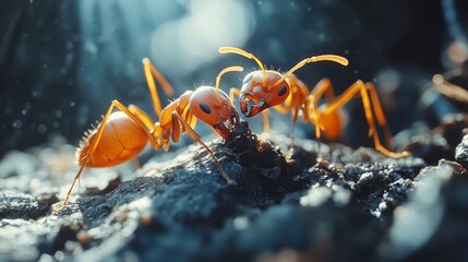 Two red ants face each other on a rough surface, one with mandibles open, in a close-up shot.