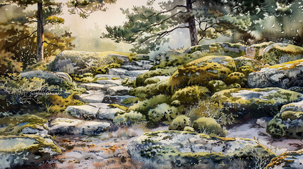 Serene watercolor of a rock garden, moss, stone pathways, soft twilight ,Ultra-High Detail, Ultra-Realistic