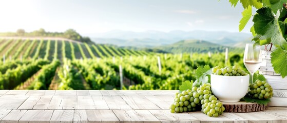 Scenic vineyard with green grape vines, a bowl of grapes, wine glass, and table against a backdrop of rolling hills and cloudy sky.