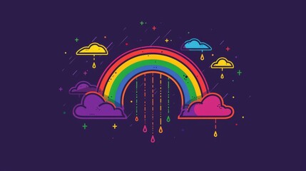 LGBT Pride Month Festival Banner with Rainbow and Clouds in Trendy Outline Cartoon Style, Perfect for Greeting Postcards, Invitations, and Flyers