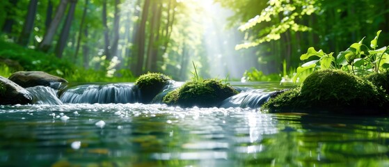 Serene forest stream with sunlight filtering through trees, reflecting off clear water and mossy rocks, creating a tranquil natural setting.