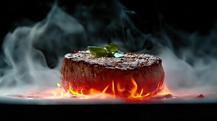   A close-up of a steaming plate, featuring juicy food and a tender green leaf, surrounded by smoke