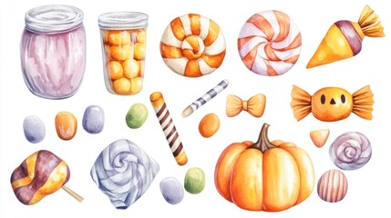 Various watercolor illustrations of candies and sweets like lollipops, candy canes, hard candies, and a pumpkin, with a whimsical and colorful vibe.