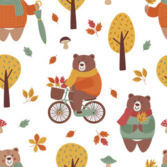 seamless pattern with cute autumn bear  © nataka