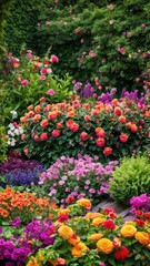 Fototapeta premium A vibrant garden brimming with a wide array of colorful flowers and shrubs,