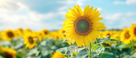 Obraz premium Bright sunflower field under a clear blue sky. Perfect imagery for nature, summer, or agricultural themes.