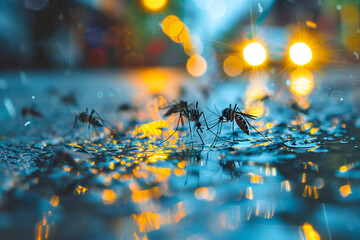 Mosquitoes Breeding in Puddle at Night with Bokeh Lights
