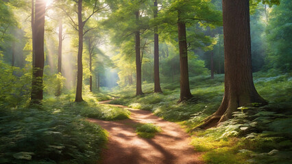 Obraz premium A panoramic view of a path through summer forest, with towering trees and sunlight.