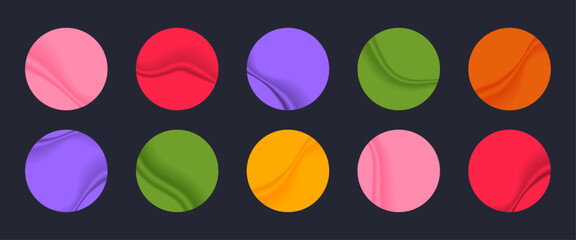 Set of 10 colorful paper stickers and labels with different wrinkles and folds. Circle and round shape sticky badges. Vector reminders.