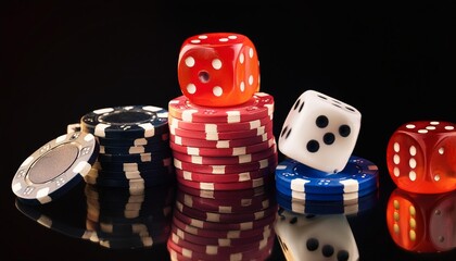 a pile of poker chips and dice on a black background