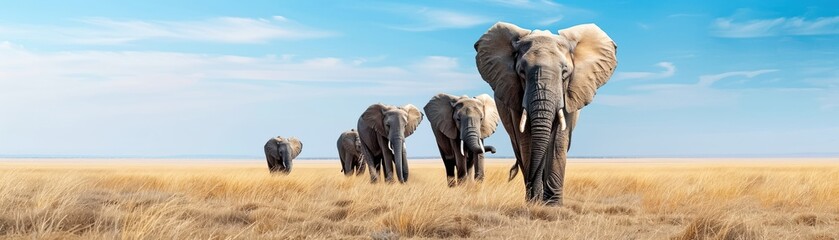 Fototapeta premium A herd of elephants walking in a single file across a grassy savannah under a clear blue sky.