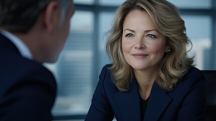 A female client smiles as she shares a moment with her business manager, both engaged in a meaningful conversation at a conference table in an office
