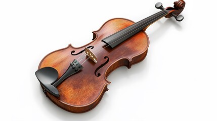 Obraz premium A classical violin with bow, rich wood grain, warm reddish-brown varnish, high detail, studio lighting, pure white background.