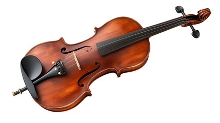 Fototapeta premium A classical violin with bow, rich wood grain, warm reddish-brown varnish, high detail, studio lighting, pure white background.