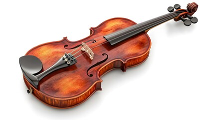 Fototapeta premium A classical violin with bow, rich wood grain, warm reddish-brown varnish, high detail, studio lighting, pure white background.