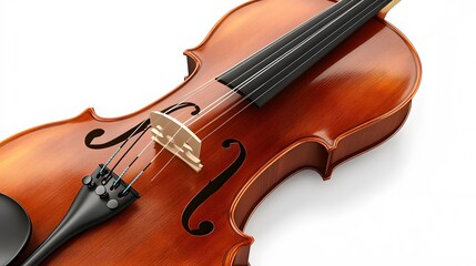 Fototapeta premium A classical violin with bow, rich wood grain, warm reddish-brown varnish, high detail, studio lighting, pure white background.