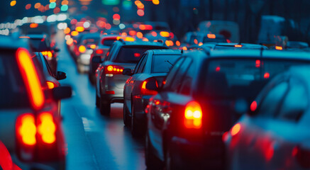 Evening city traffic jam with blurred car tail lights. Urban congestion concept showcasing wasted time and environmental impact. Rush hour gridlock and stress of daily commutes in busy metropolis