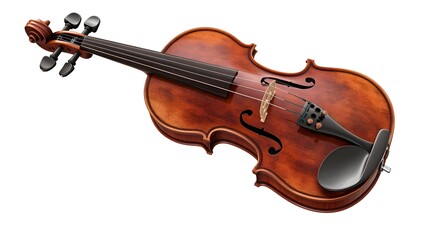 Fototapeta premium A classical violin with bow, rich wood grain, warm reddish-brown varnish, high detail, studio lighting, pure white background.