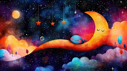   A stunning depiction of a star-studded night sky with a luminous crescent moon and a slumbering blue avian perched atop it