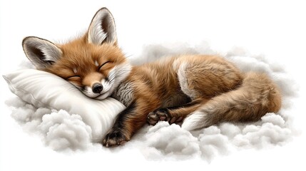   A fox rests atop a pillow amidst a cloud of white fluff, with eyes shut and head resting on the cushion