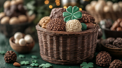 A close-up of a St. Patricks Day gift basket St. Pattricks