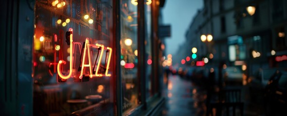 A neon Jazz sign brightens window of a cozy bar. Evening autumn outside. Copy space, wide banner