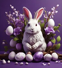 white rabbit with easter eggs and flowering branch on the purple background