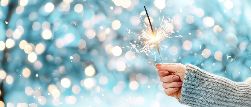 A hand holding a sparker in a snowy winter wonderland, creating a magical holiday moment with bokeh lights in the background.