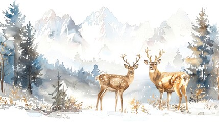 A serene winter landscape with two deer standing in the snowy foreground, surrounded by tall pine trees and mountains in the background.