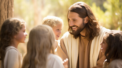 Obraz premium Jesus Christ Interacting with Joyful Children in a Serene Outdoor Setting