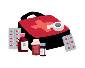 open first aid kit with medicines