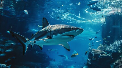 Fototapeta premium A shark swimming underwater, with rays of sunlight shining through the water surface. Shark in the deep blue ocean