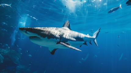 Naklejka premium A shark swimming underwater, with rays of sunlight shining through the water surface. Shark in the deep blue ocean