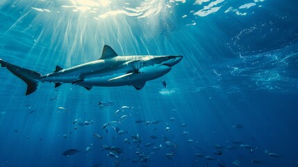 Fototapeta premium A shark swimming underwater, with rays of sunlight shining through the water surface. Shark in the deep blue ocean