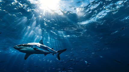 Obraz premium A shark swimming underwater, with rays of sunlight shining through the water surface. Shark in the deep blue ocean