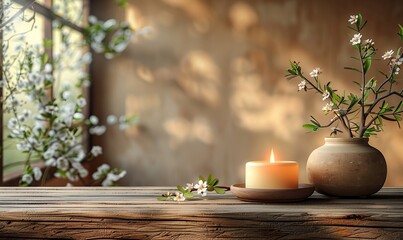 traditional interior wall mockup with green twigs in vase,candle standing on light brown wooden table on empty white background.