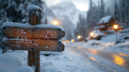 A sign is on a snowy road in front of a house. The sign is wooden and has the word "Coganta" on it. The snow is falling and the street is lit up by street lights