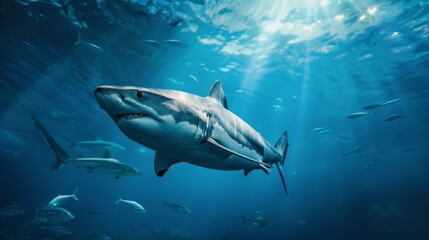 Naklejka premium A shark swimming underwater, with rays of sunlight shining through the water surface. Shark in the deep blue ocean